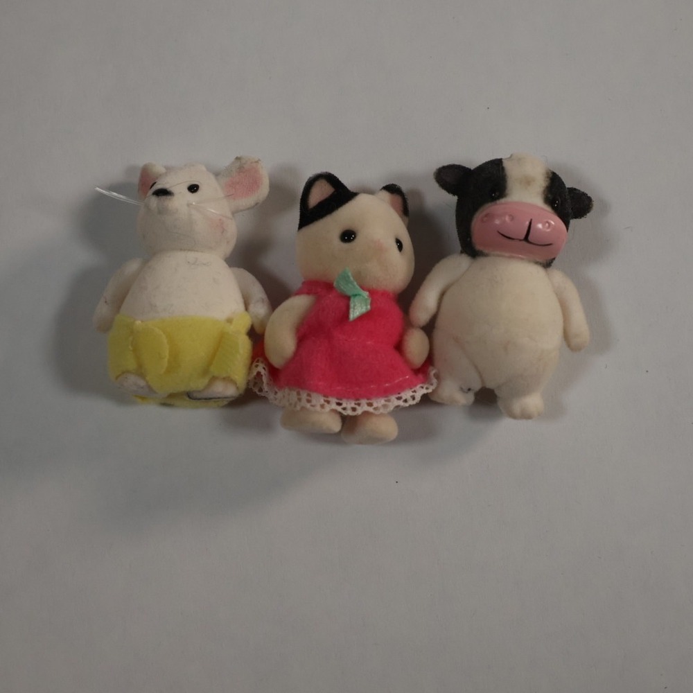 Vintage Style Flocked Miniature Animal Figures Lot Mouse Cat Cow 3pc Set